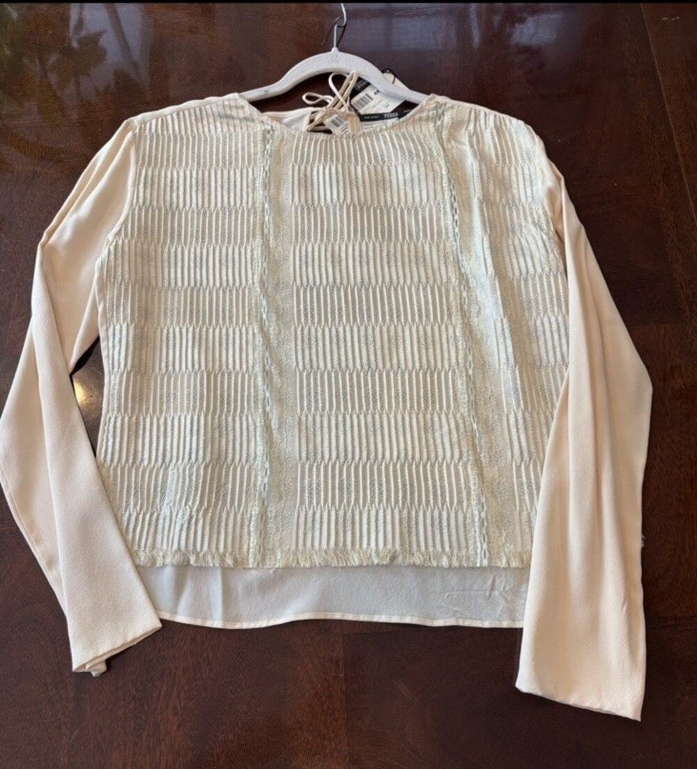 Gianfranco Ferre Vintage Top Womens Beige Long Sleeve Size 44 Pleated Lace Inset